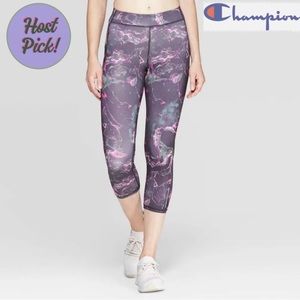 2X HP! Champion Activewear Purple Green Marble Print Cropped Leggings Size Large